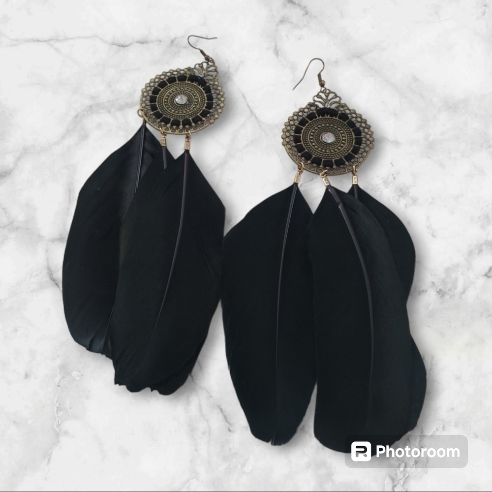 New Black Boho Western Cowgirl Feather Dangle Earrings - Picture 4 of 6